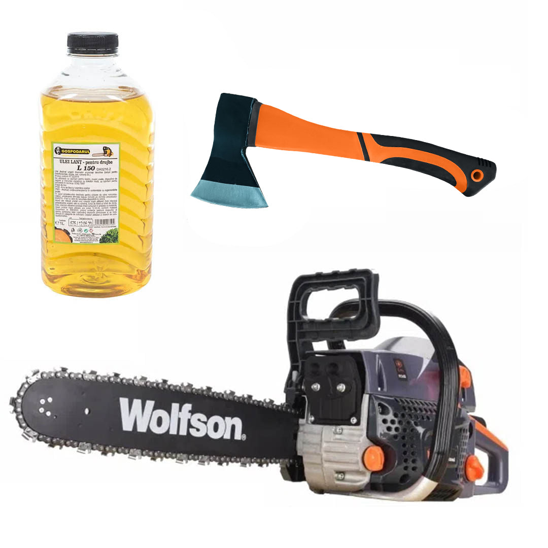 Drujba pe benzina WOLFSON STX-580, 2.6CP, 52CC, 2 lame + 2 lanturi + ulei ungere lant L150, toporisca fibra Wolfson, 1, atomico.ro