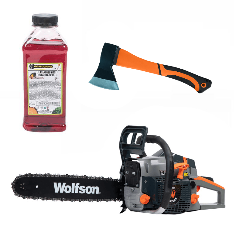 Drujba pe benzina WOLFSON STX-580, 2.6CP, 52CC, 2 lame + 2 lanturi + ulei amestec 0.5L, toporisca fibra Wolfson, 1, atomico.ro