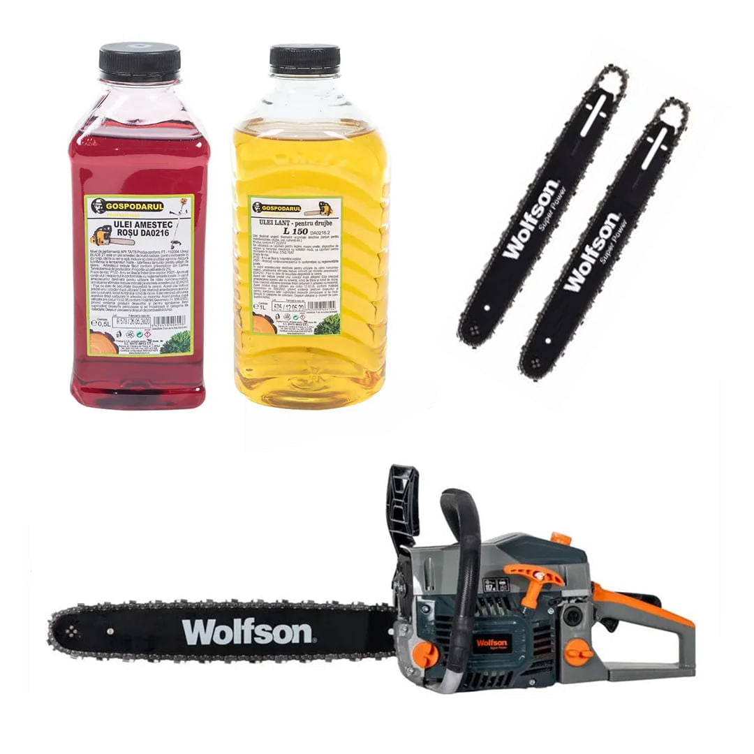 Drujba pe benzina WOLFSON STX-620, 3.5CP, 58CC, 2 lame, 2 lanturi + ulei amestec 0.5L, ulei ungere lant L150, 1, atomico.ro