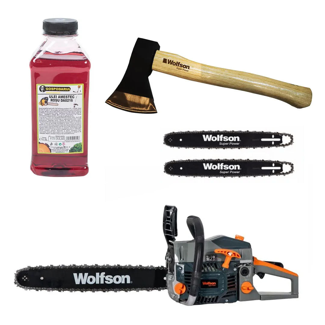 Drujba pe benzina WOLFSON STX-620, 3.5CP, 58CC, 2 lame, 2 lanturi + ulei amestec 0.5L, toporisca Wolfson 600g, 1, atomico.ro