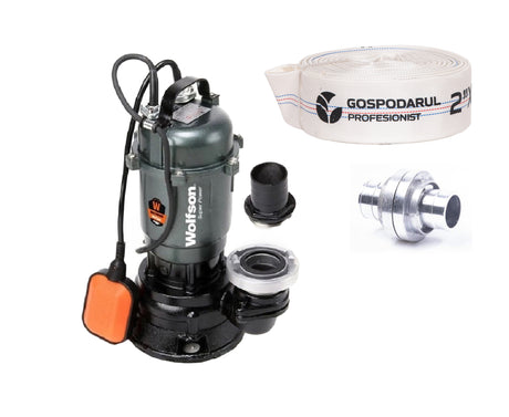 Pompe Submersibile Apa Murdara, Pompa submersibila apa murdara Wolfson TP-3100, 1100W, 2", 10000 l/h + furtun PVC panzat tip pompieri 2" 20m, 50mm, cuple incluse, 1, atomico.ro