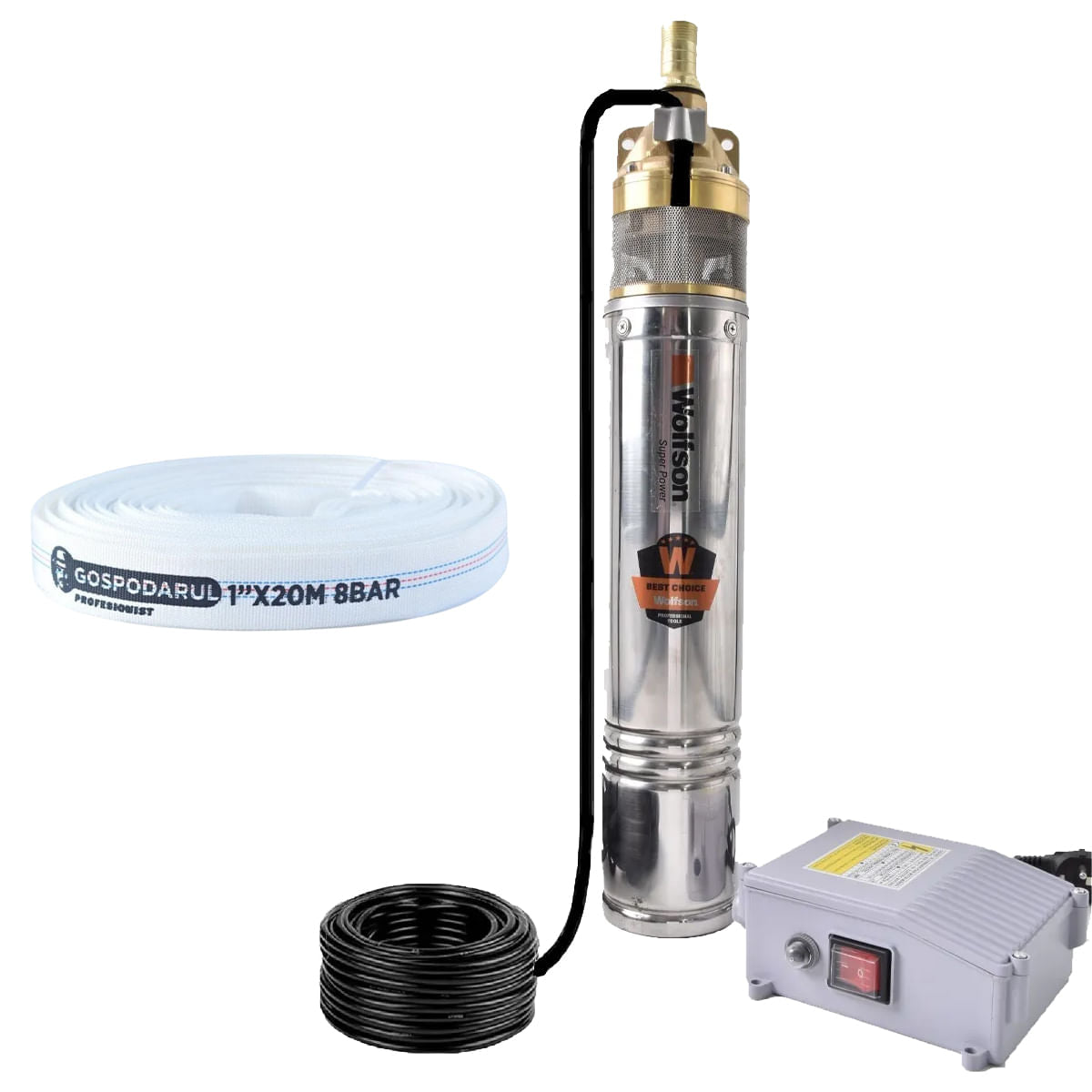 Pompa submersibila apa curata WOLFSON 4SKM-150 PRO - 1100W, 3300 l/h + Furtun 20m, 1, atomico.ro