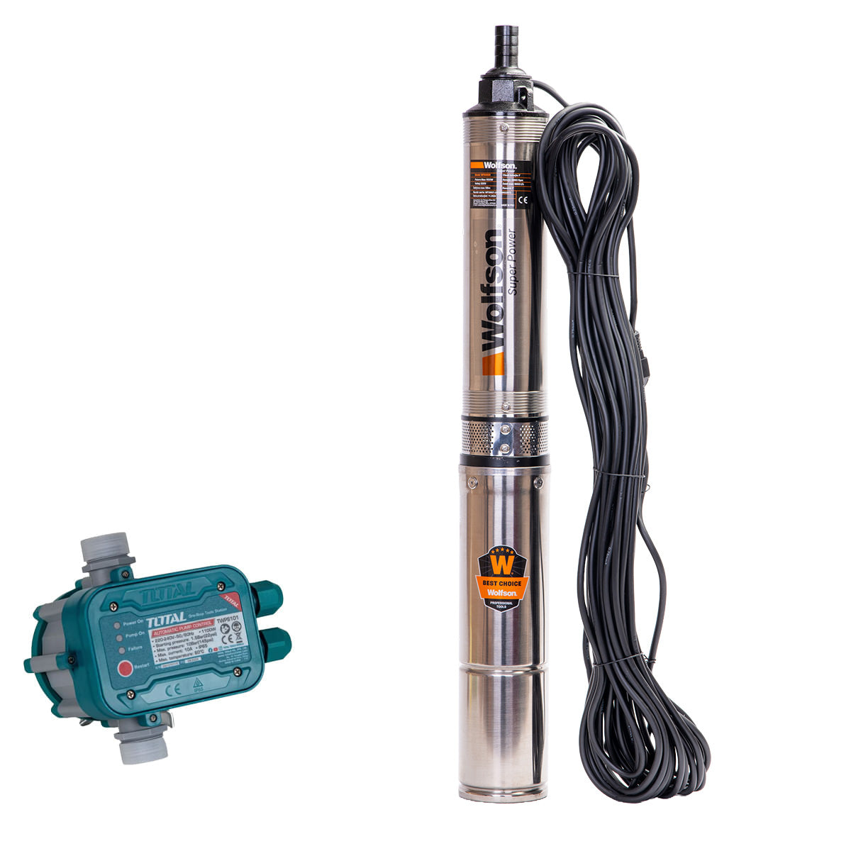 Pompa submersibila apa curata 1100W, WOLFSON PM-1500-8, 8 turbine, cablu 25m, 6600L/h + Presostat, 1, atomico.ro