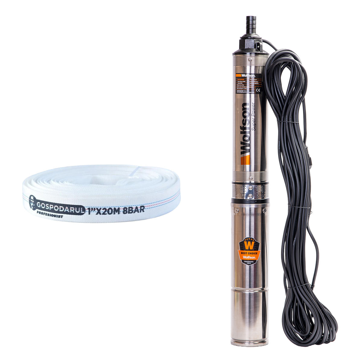 Pompa submersibila apa curata 1100W, WOLFSON PM-1500-8, 8 turbine, cablu 25m, 6600L/h + Furtun 20m, 1, atomico.ro