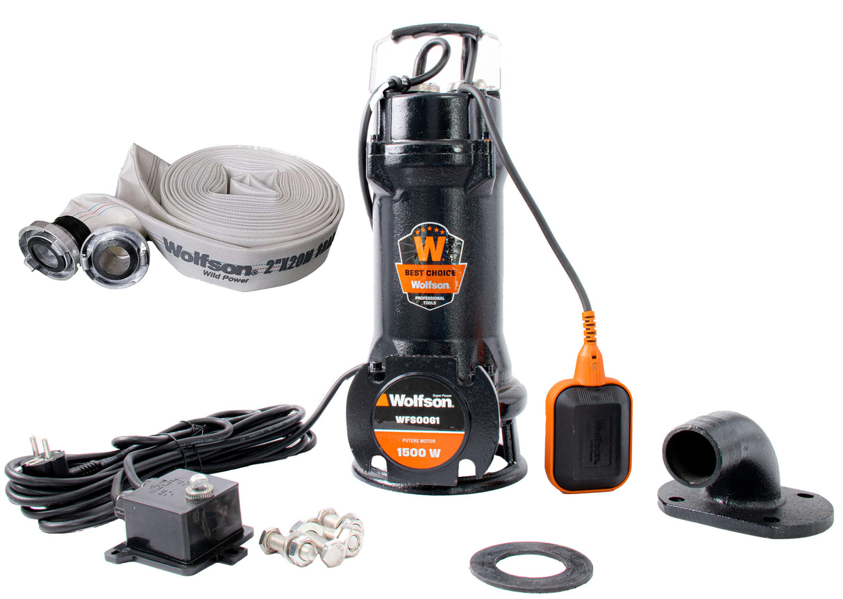 Pompa submersibila profesionala cu tocator Wolfson pentru apa murdara PWT-7500-F, 1500W, debit max 1800l/h - 2 toli + Furtun pompieri, 1, atomico.ro
