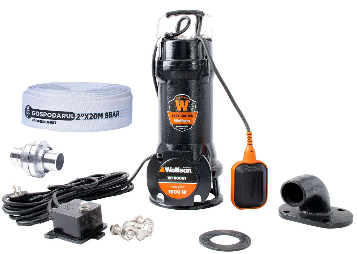 Pompa submersibila profesionala cu tocator Wolfson pentru apa murdara PWT-7500-F, 1500W, debit max 18000l/h - 2 toli +furtun 20m + cuple, 1, atomico.ro