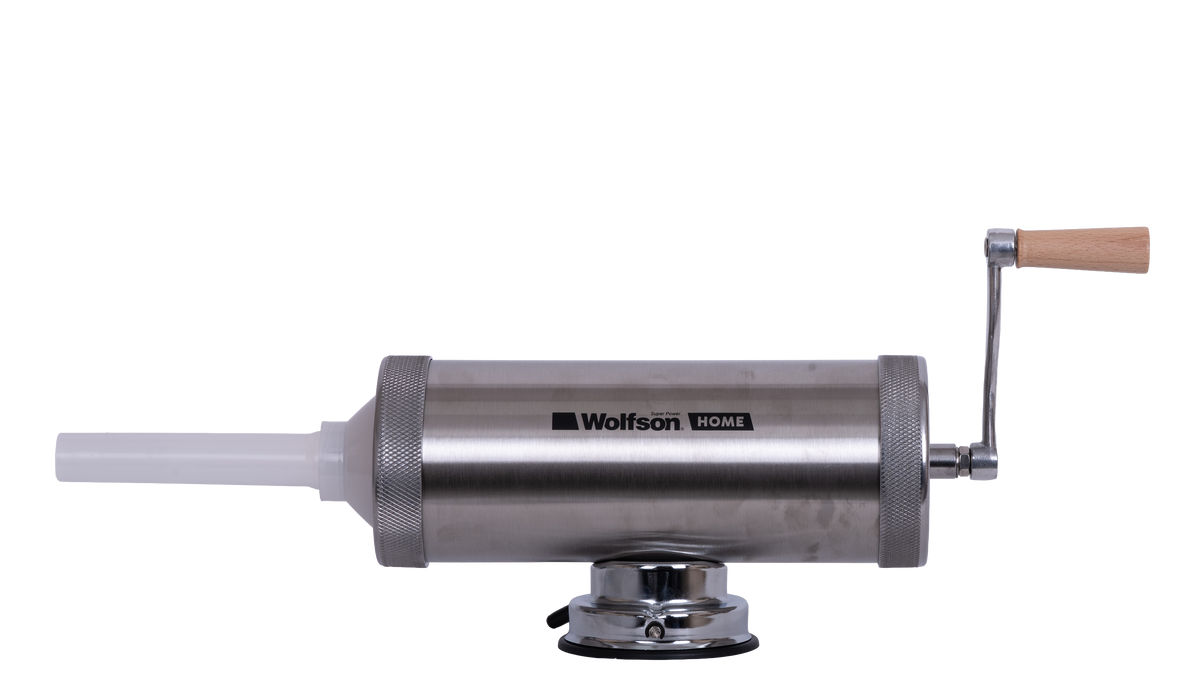 Masina manuala de umplut carnati Wolfson Home K2005S, 3 kg, corp inox, cu ventuza, 5 palnii, montaj orizontal, 2, atomico.ro