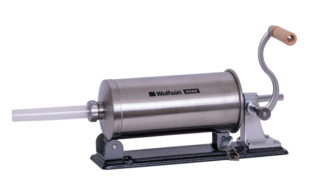 Masina manuala de umplut carnati Wolfson Home K2006PA, 3 kg, corp inox, 5 palnii, actionare cu cremaliera, montaj orizontal, 1, atomico.ro