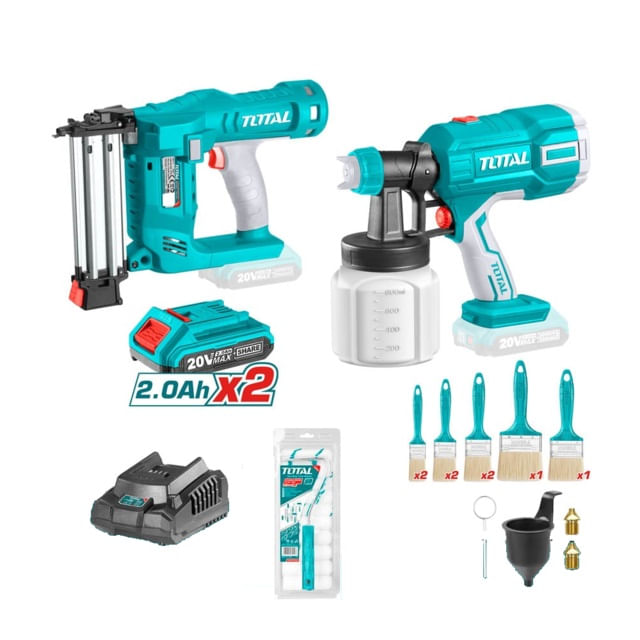 Set TOTAL pistol vopsit, pistol cuie, pensule, trafalet, incarcator si baterie 20V 2Ah, 1, atomico.ro