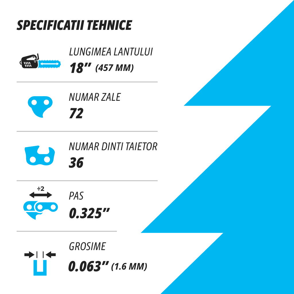 Lant pentru drujba Kuza, lungime 18", pas 0.325", grosime 063"-1.5 mm, 72 Zale, 1 lant/pachet, 2, atomico.ro