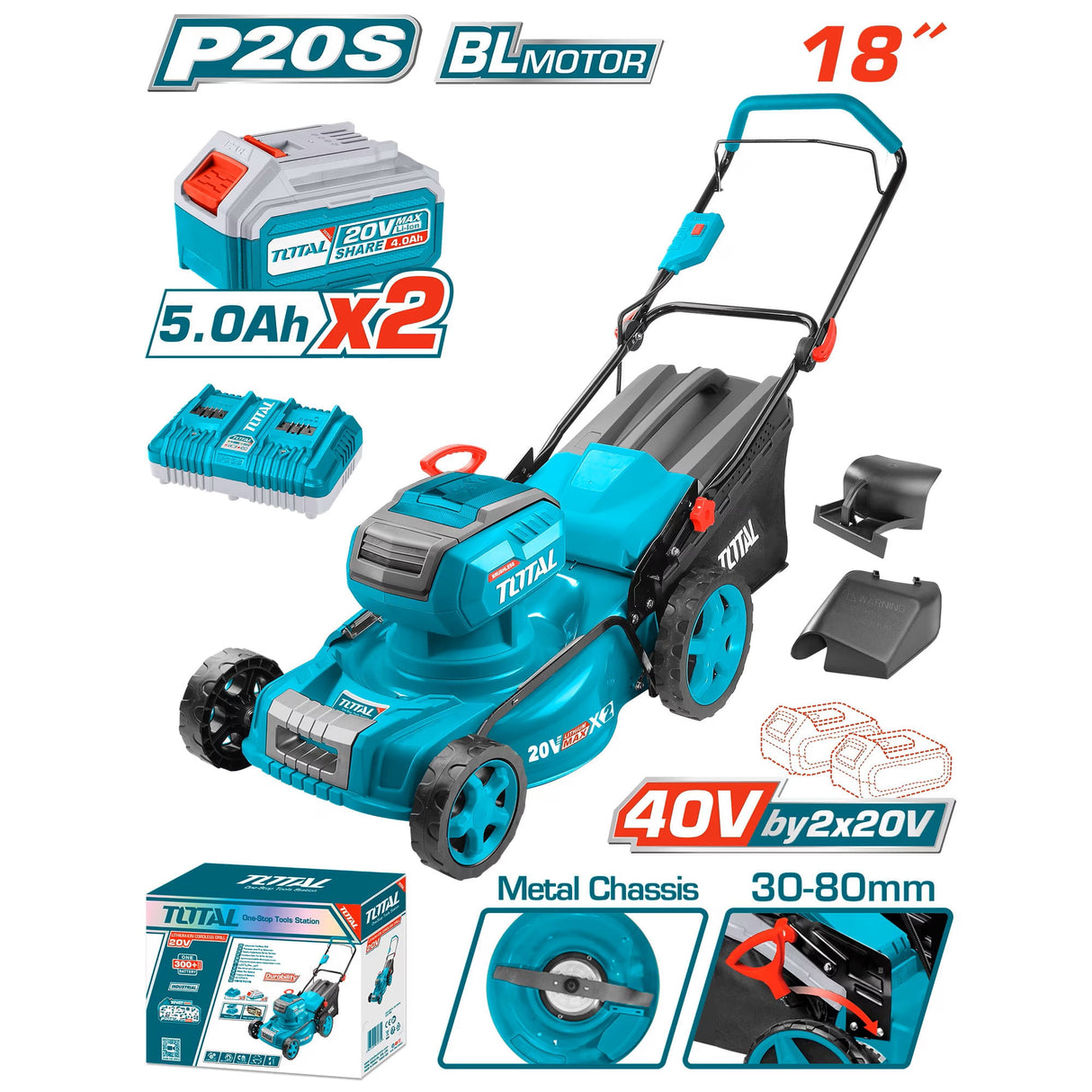 Masina de tuns iarba TOTAL pe acumulatori , 40V, diametru taiere 46cm, cos colector 60L, 2 acumulatori 5Ah si incarcator dublu inclus, 2, atomico.ro