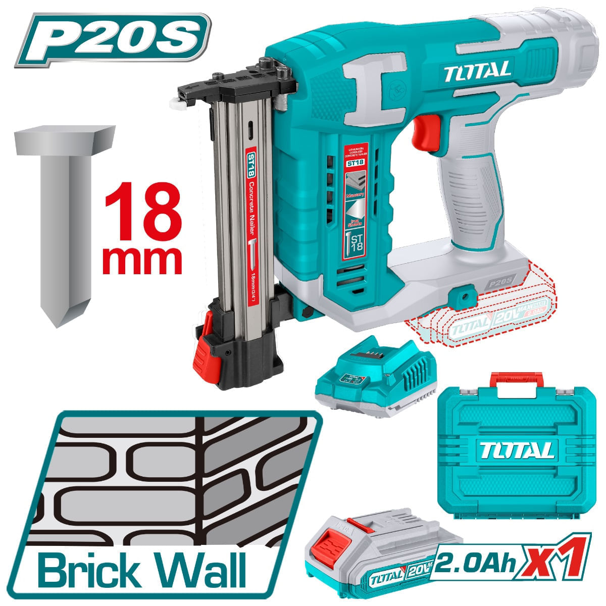 Pistol cuie pentru beton TOTAL 20V-2.0Ah INCLUDE ACUMULATOR+ INCARCATOR, 4, atomico.ro