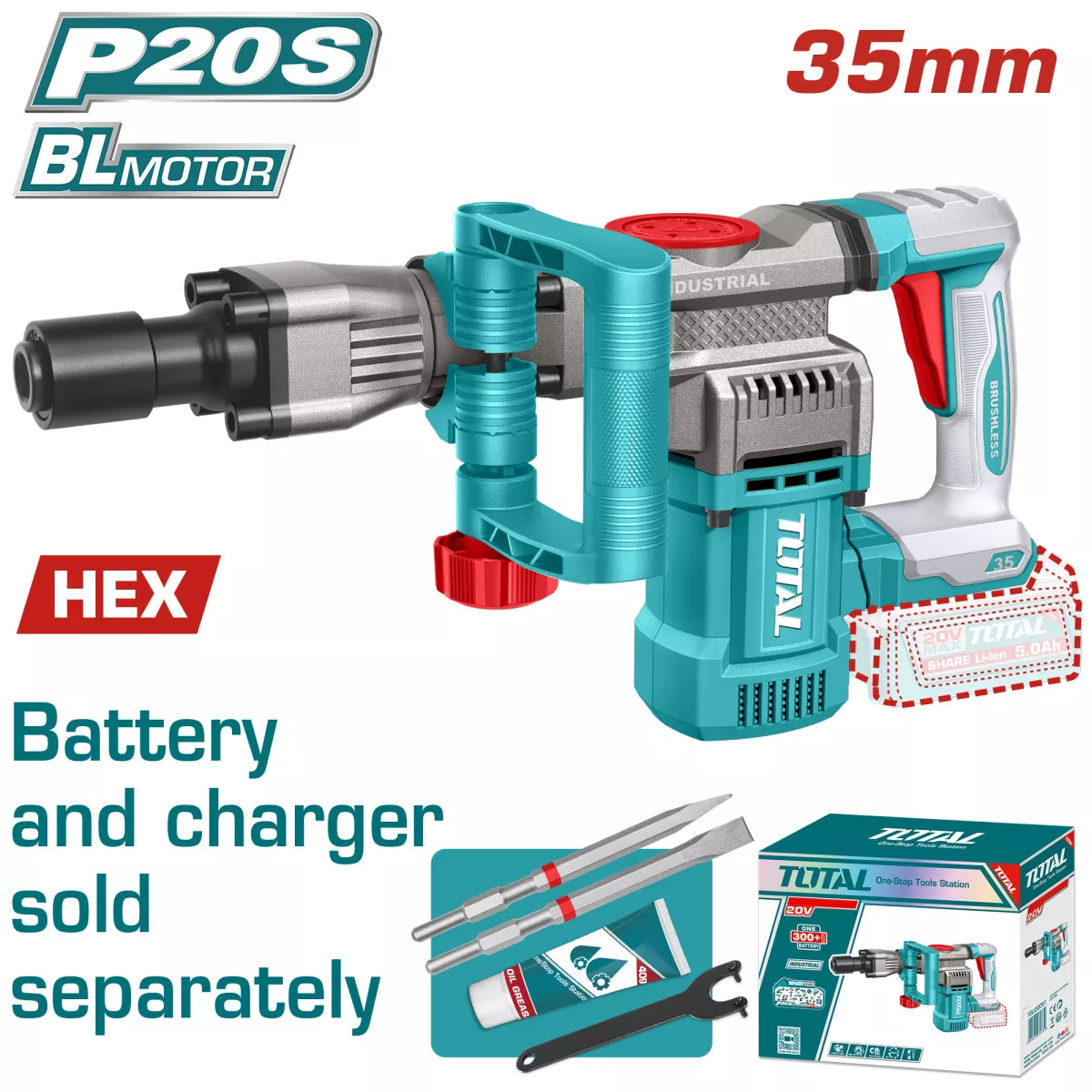 Ciocan demolator TOTAL 20V, 16 J, motor fara perii, 0-3200 bpm, sistem SDS HEX (NU INCLUDE ACUMULATOR), 2, atomico.ro
