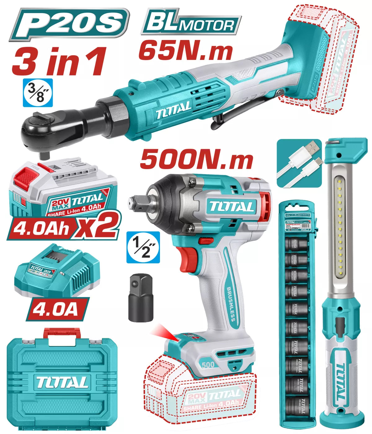 Kit Combo TOTAL 20V - masina de insurubat cu impact, cheie dreapta cu impact, lampa de lucru (include 2 acumulatori si 1 incarcator), 1, atomico.ro