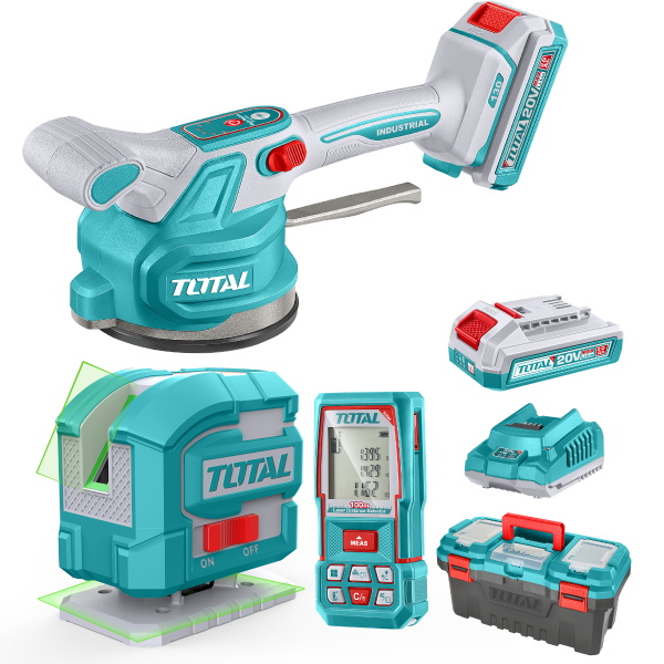 Kit Combo TOTAL 20V - vibrator cu ventuza pentru placi ceramice, telemetru laser, nivela laser (include 2 acumulatori), 1, atomico.ro