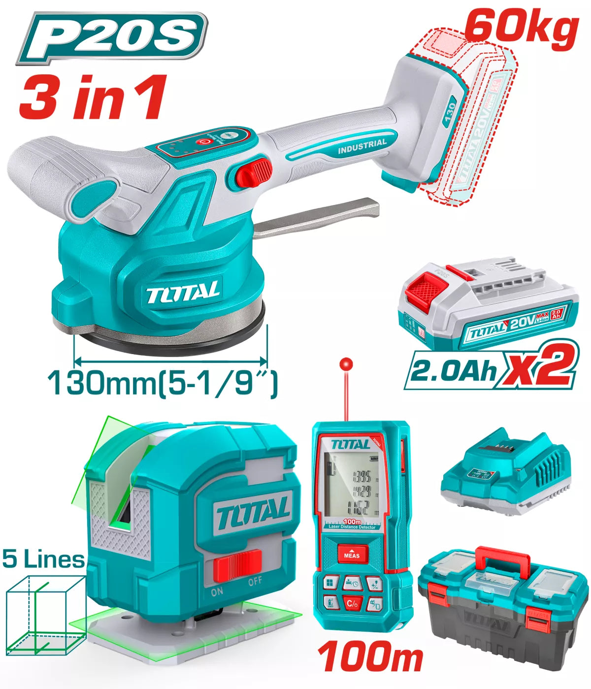Kit Combo TOTAL 20V - vibrator cu ventuza pentru placi ceramice, telemetru laser, nivela laser (include 2 acumulatori), 2, atomico.ro