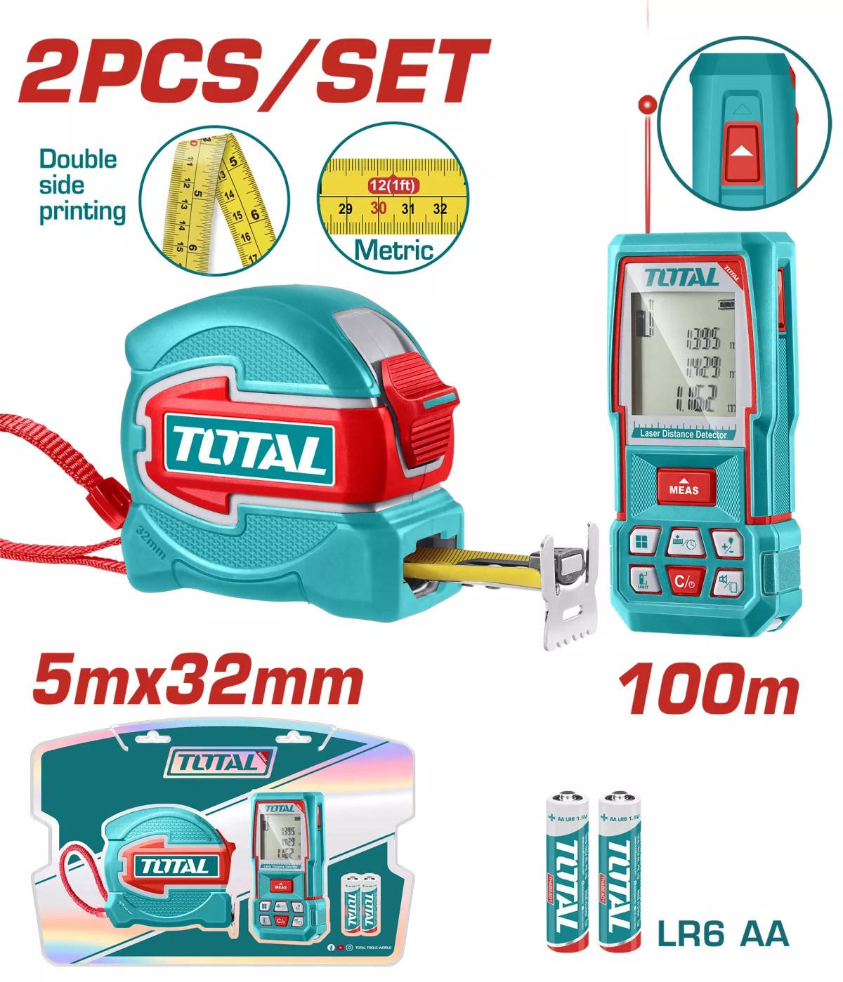 Kit combo TOTAL telemetru laser 0.05-100 m si ruleta 5 m x 32 mm, 2, atomico.ro