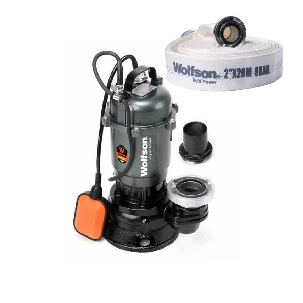 Pompa submersibila apa murdara cu tocator Wolfson TP-3300T, 1500W, 2", 10000 l/h + furtun PVC panzat tip pompieri 2" 20m, 50mm cu mufe cuplare, 1, atomico.ro