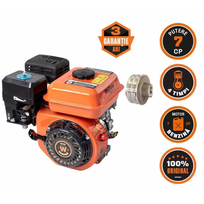 Motor benzina WOLFSON GTX-200, 7 CP, 4 Timpi OHV 170F, ax cu pana 20mm, fulie dubla inclusa, 10, atomico.ro