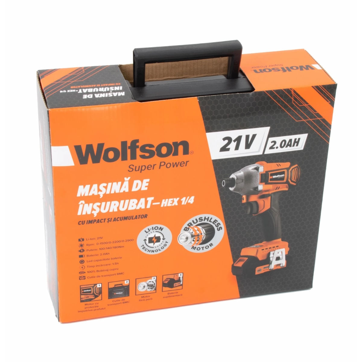 Masina de insurubat cu impact cu acumulator Wolfson - 21V-2.0Ah, 2 acumulatori, Hex 1/4, 7, atomico.ro