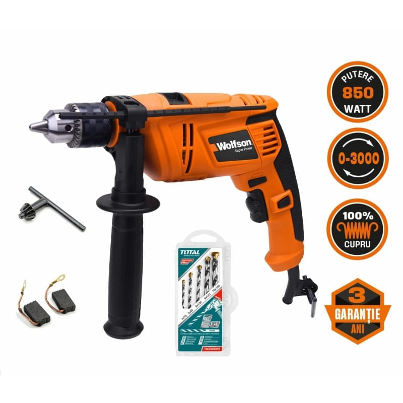 Masina de gaurit cu percutie Wolfson - 850W + set 5 burghie beton, 1, atomico.ro
