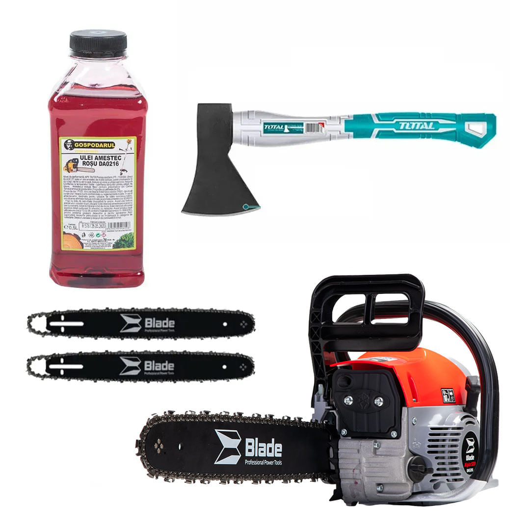 Drujba pe benzina BLADE Alpin 520 - 5CP, 2 lame si 2 lanturi + ulei amestec 0.5L, toporisca Total 600g, 1, atomico.ro