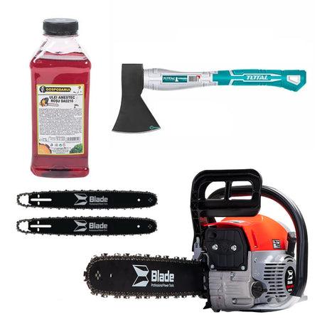 Oferta Zilei, Drujba pe benzina BLADE Alpin 520 - 5CP, 2 lame si 2 lanturi + ulei amestec 0.5L, toporisca Total 600g, 1, atomico.ro