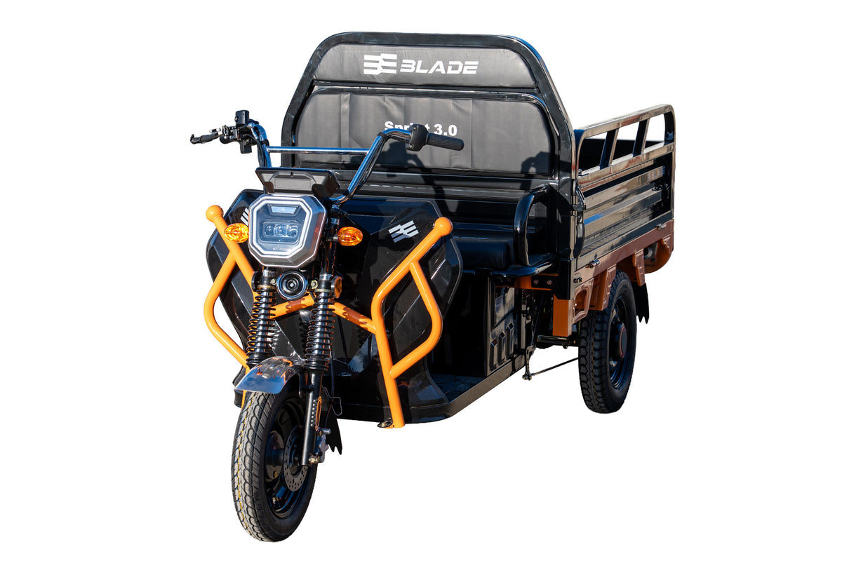 Triciclu Cargo electric BLADE Sprint 3.0 - 2000W, 25 km/h, autonomie pana la 70 km, baterie plumb-acid 72V 45Ah, capacitate maxima 600 kg, fara permis, culoare negru+portocaliu, 6, atomico.ro