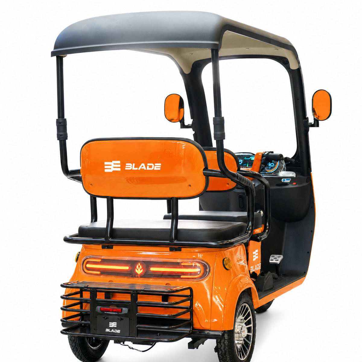 Triciclu electric pentru 2 persoane BLADE CAB X3, 1200W, 25 km/h, autonomie pana la 70 km, baterie 72V 20Ah, cu acoperis, Portocaliu/Negru, 4, atomico.ro