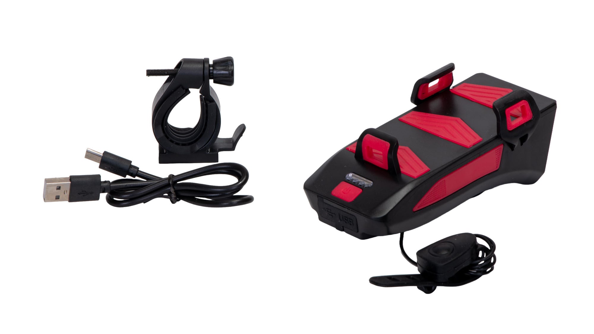Far led bicicleta cu suport telefon si claxon (reincarcabil USB) +