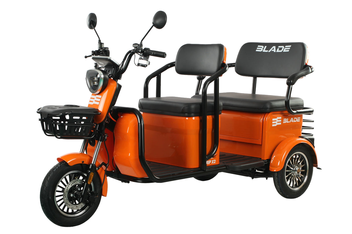 Triciclu electric Blade TRIP X2 2000 W, 25 km/h, autonomie pana la 70 km, baterie plumb- acid 72 V 20 Ah, greutate maxima 160  kg, Fara permis, negru-portocaliu, 1, atomico.ro