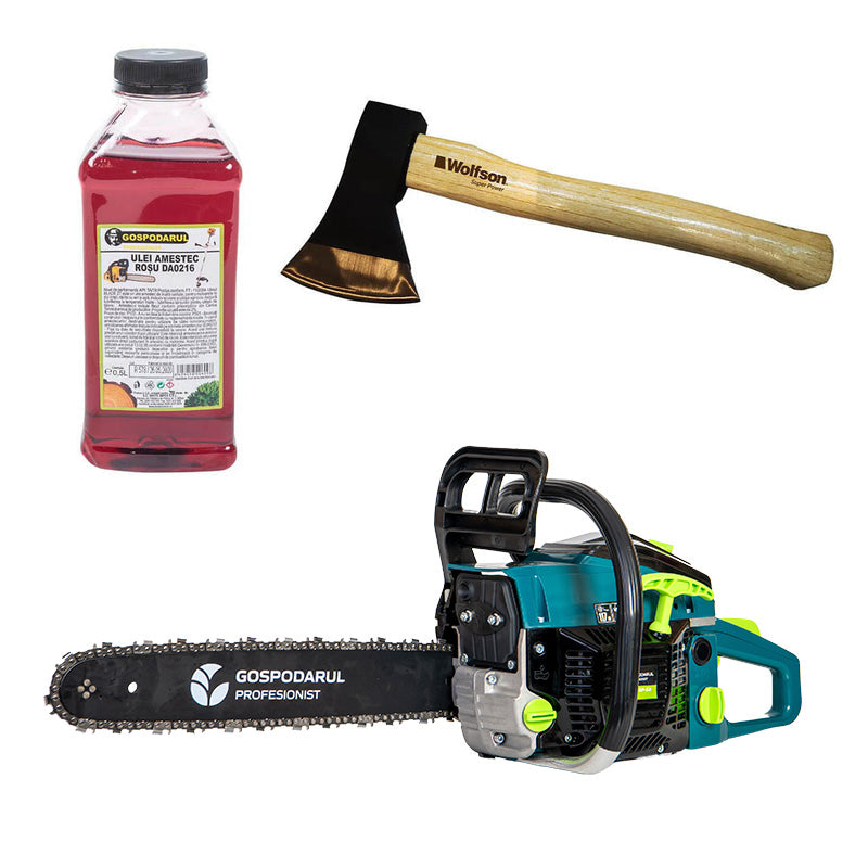 Drujba pe benzina Gospodarul Profesionist GP-5200 - 5 CP, 52cc  + ulei amestec 0.5L si toporisca Wolfson 600g, 1, atomico.ro