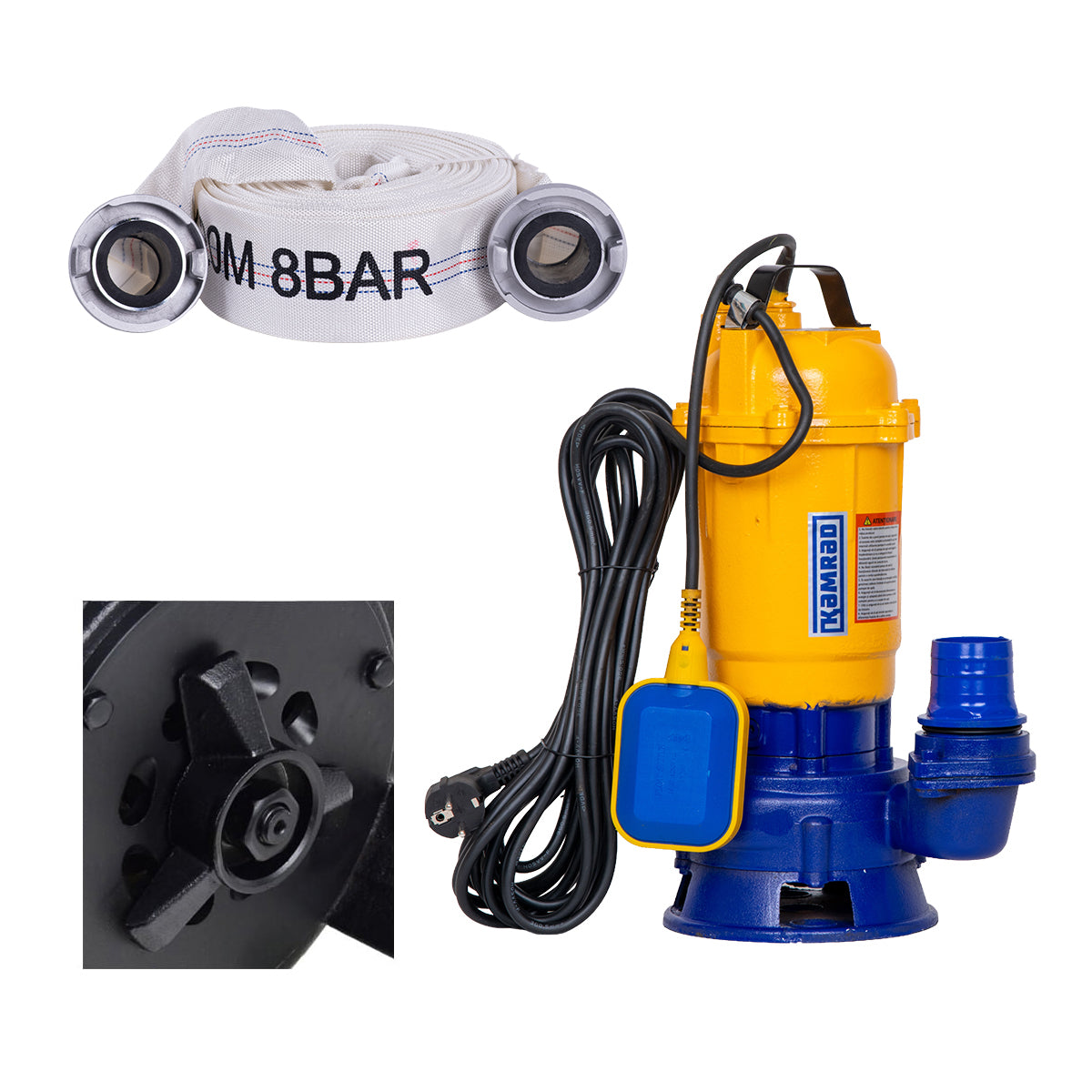 Pompa submersibila de apa murdara cu tocator Kamrad WQCD-K3300, 1300W, 25000 l/h, adancime 8m + furtun pompieri 2 toli, 20 m, 1, atomico.ro