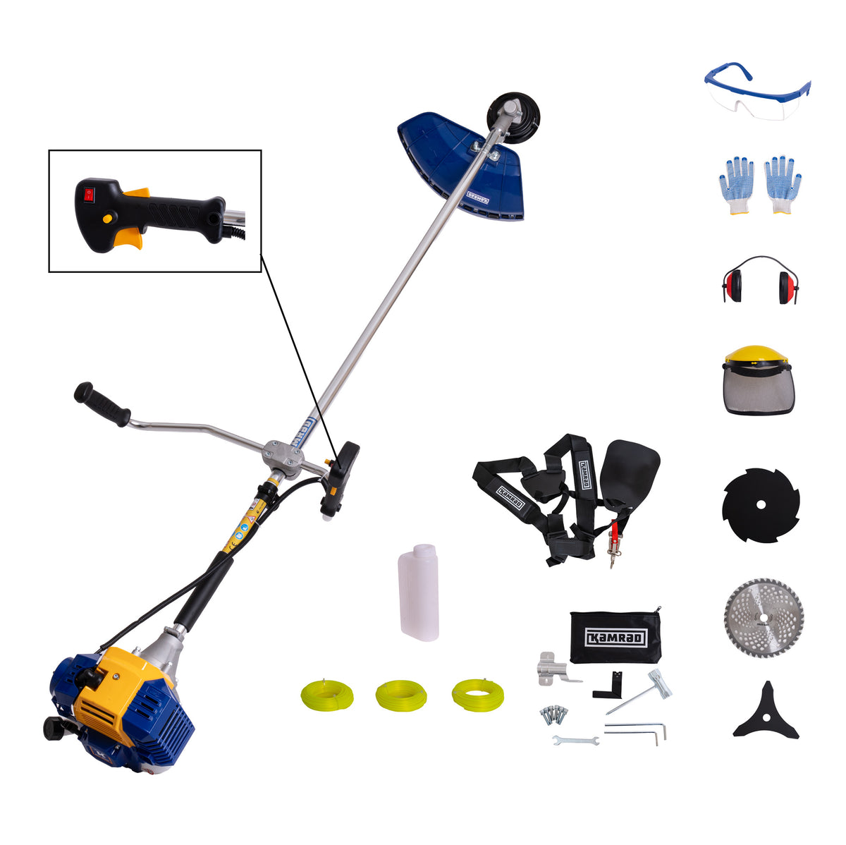 Motocoasa profesionala KAMRAD KRX-8000, 5 CP, 52cc, set 12 accesorii, ham profesional Perfect Strap