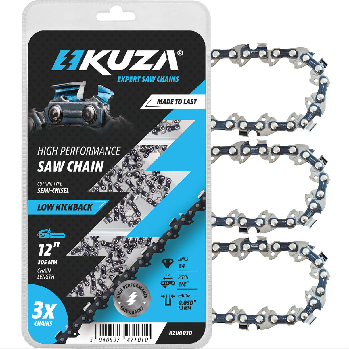 KUZA - Lant pentru drujba, Lungime 12, pas 1/4, grosime 050-1.3 mm, 64 Zale, 3 lanturi/pachet, 1, atomico.ro