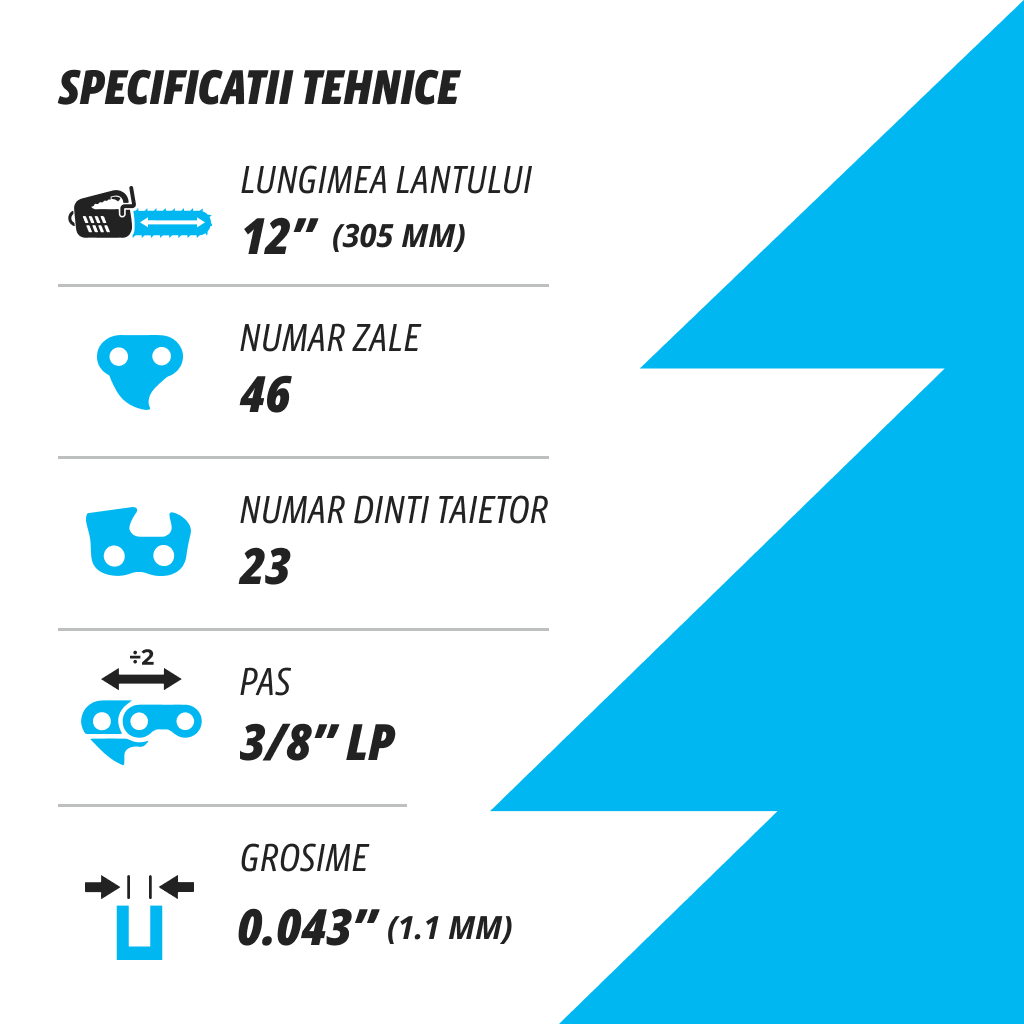 Lant pentru drujba Kuza, lungime 12", pas 3/8" LP, grosime 043"-1.1 mm, 46 Zale, 1 lant/pachet, 2, atomico.ro
