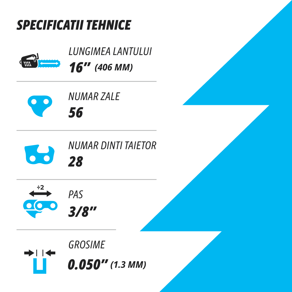 KUZA - Lant pentru drujba, Lungime 16, pas 3/8 Pitch, grosime 050-1.3 mm, 56 Zale, 1 lant/pachet, 2, atomico.ro