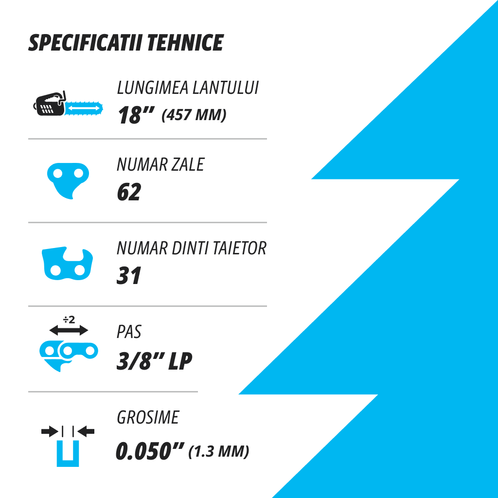 KUZA - Lant pentru drujba, Lungime 18, pas 3/8 LP, grosime 050-1.3 mm, 62 Zale, 1 lant/pachet, 2, atomico.ro