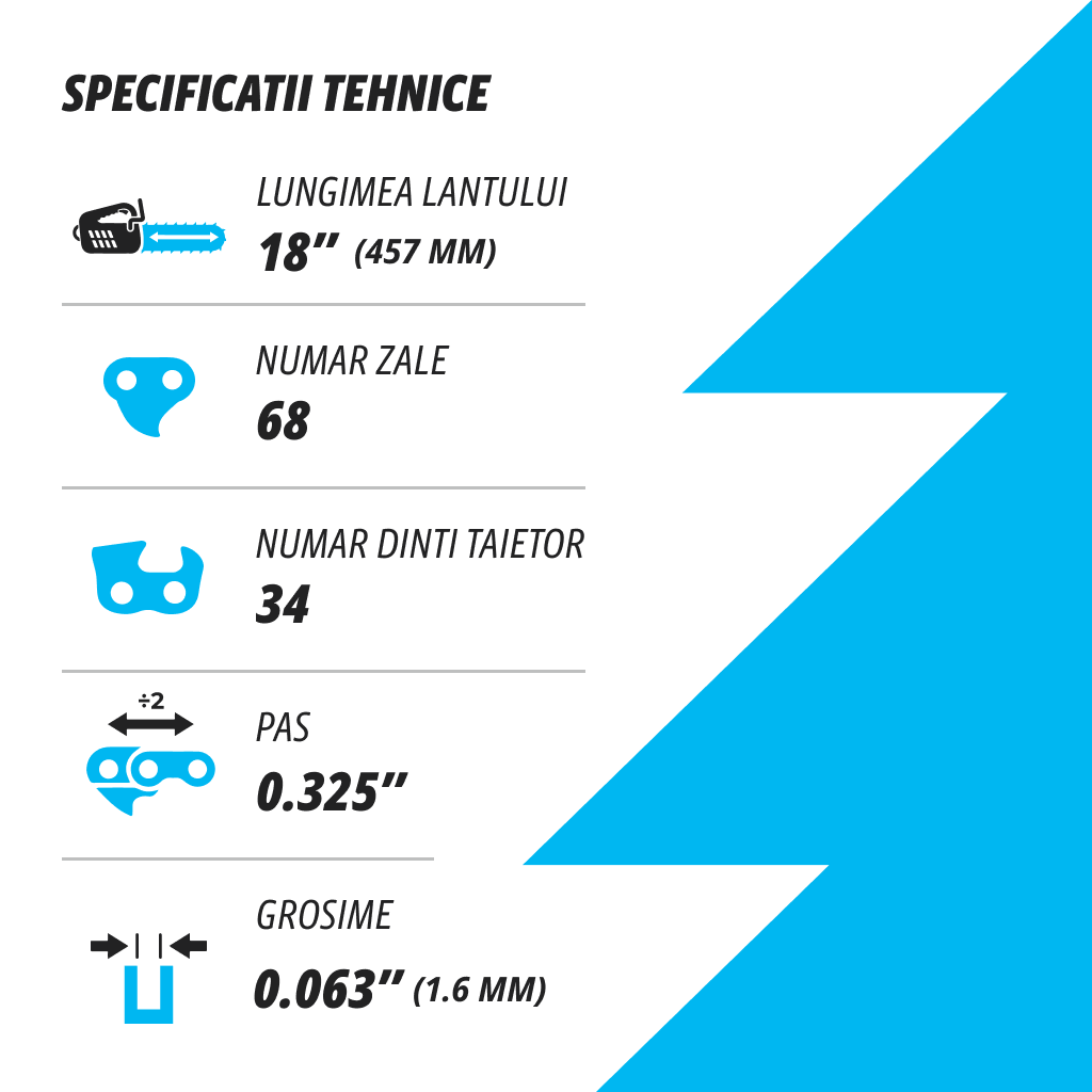 KUZA - Lant pentru drujba, Lungime 18, pas 0.325 , grosime 063-1.5 mm, 68 Zale, 1 lant/pachet, 2, atomico.ro