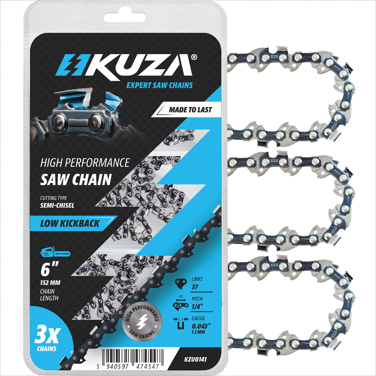 KUZA - Lant pentru drujba, Lungime 6, pas 1/4, grosime 043-1.1 mm, 37 Zale, 3 lanturi/pachet, 1, atomico.ro