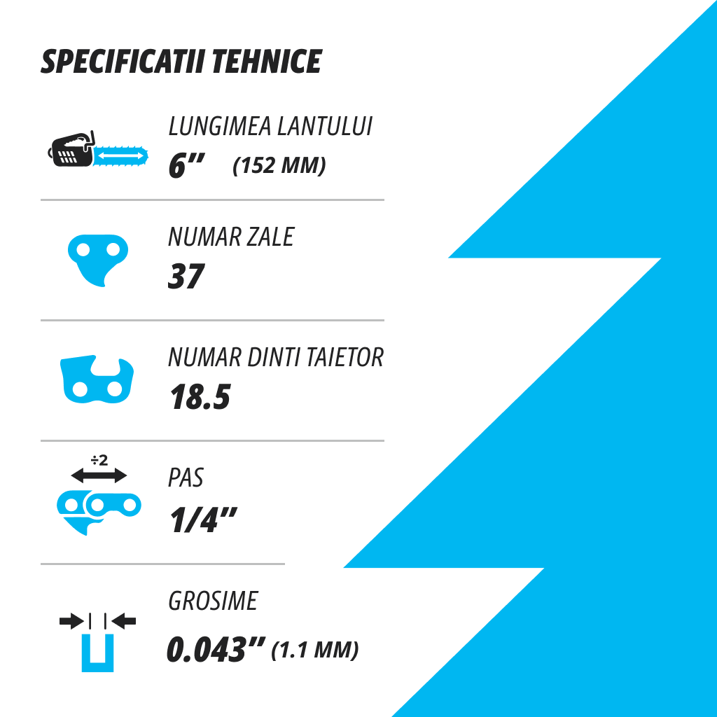 KUZA - Lant pentru drujba, Lungime 6, pas 1/4, grosime 043-1.1 mm, 37 Zale, 1 lant/pachet, 2, atomico.ro