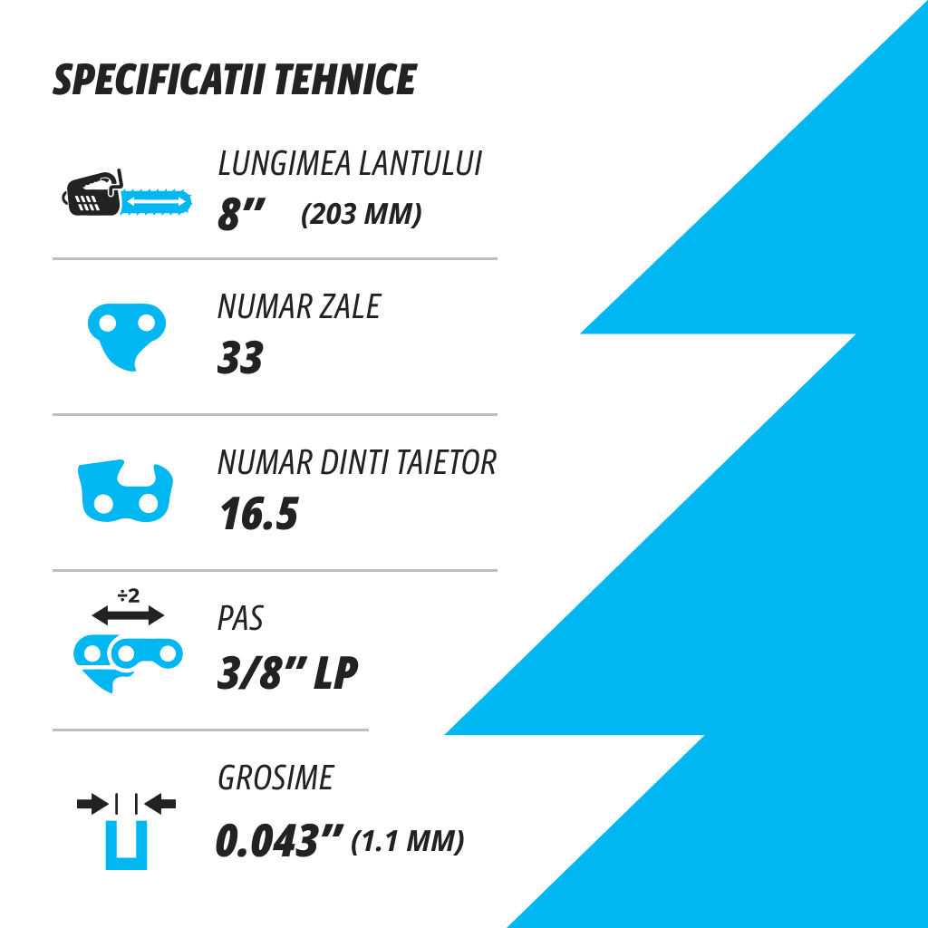KUZA - Lant pentru drujba, Lungime 8, pas 3/8 LP, grosime 043-1.1 mm, 33 Zale, 3 lanturi/pachet, 2, atomico.ro