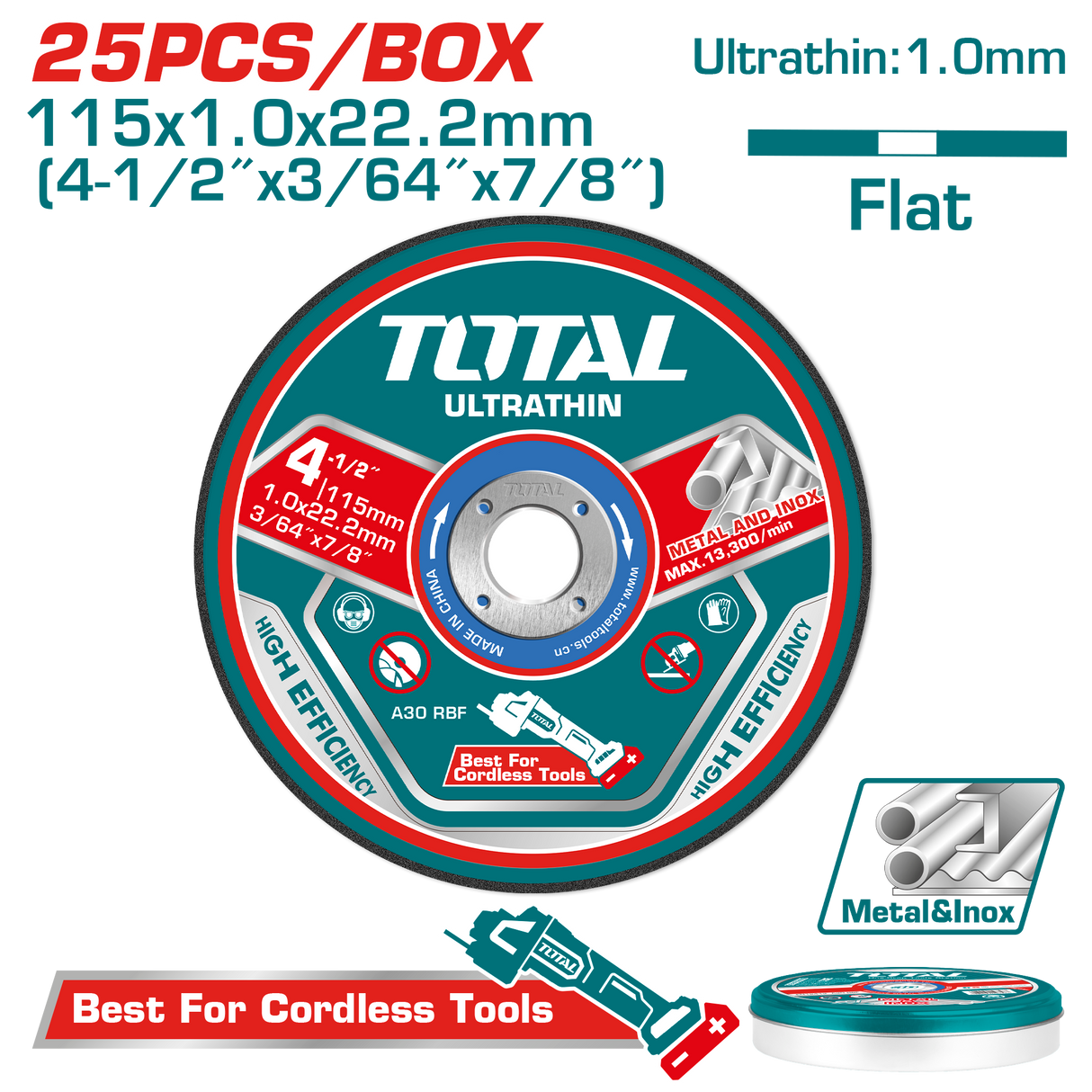 Set discuri taiere metal TOTAL 115 mm, 1.0 mm, 22.2 mm, 25 bucati, pentru inox, 2, atomico.ro