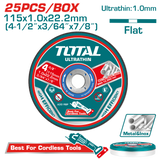 Set discuri taiere metal TOTAL 115 mm, 1.0 mm, 22.2 mm, 25 bucati, pentru inox