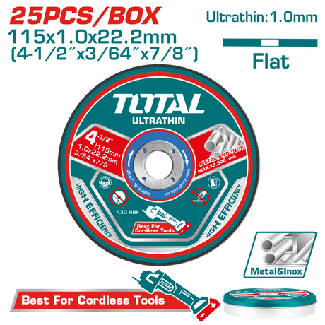 Scule TOTAL, Set discuri taiere metal TOTAL 115 mm, 1.0 mm, 22.2 mm, 25 bucati, pentru inox, 2, atomico.ro