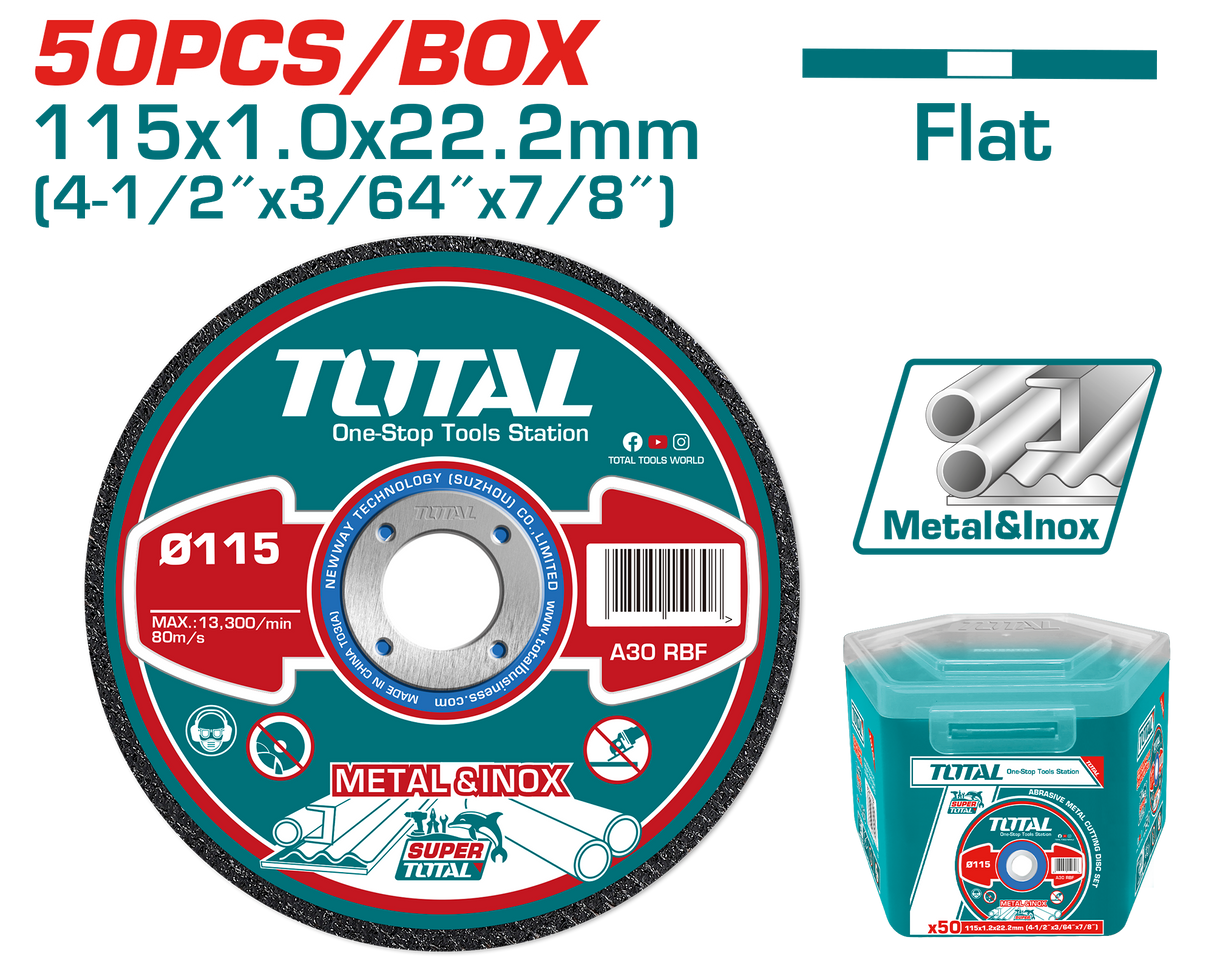 Set discuri taiere metal TOTAL 115 mm, 1.0 mm, 22.2 mm, 50 bucati, pentru inox si metal, 6, atomico.ro