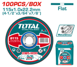 Set discuri taiere metal TOTAL 115 mm, 1.0 mm, 22.2 mm, 100 bucati, pentru inox
