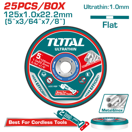 Scule TOTAL, Set discuri taiere metal TOTAL 125 mm, 1.0 mm, 22.2 mm, 25 bucati, pentru inox si metal, 6, atomico.ro
