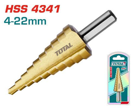 Scule TOTAL, Burghiu in trepte TOTAL 4–22 mm, HSS 4341, finisaj titan, pentru metal, 2, atomico.ro