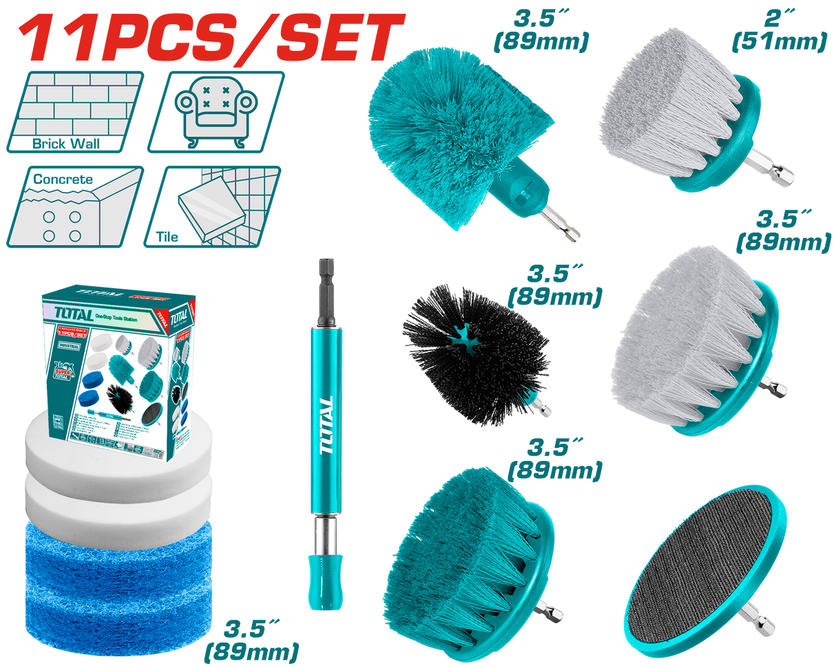 Set perii curatare TOTAL 11 piese, perii moi si medii, discuri, bureti, extensie 152 mm, 6, atomico.ro